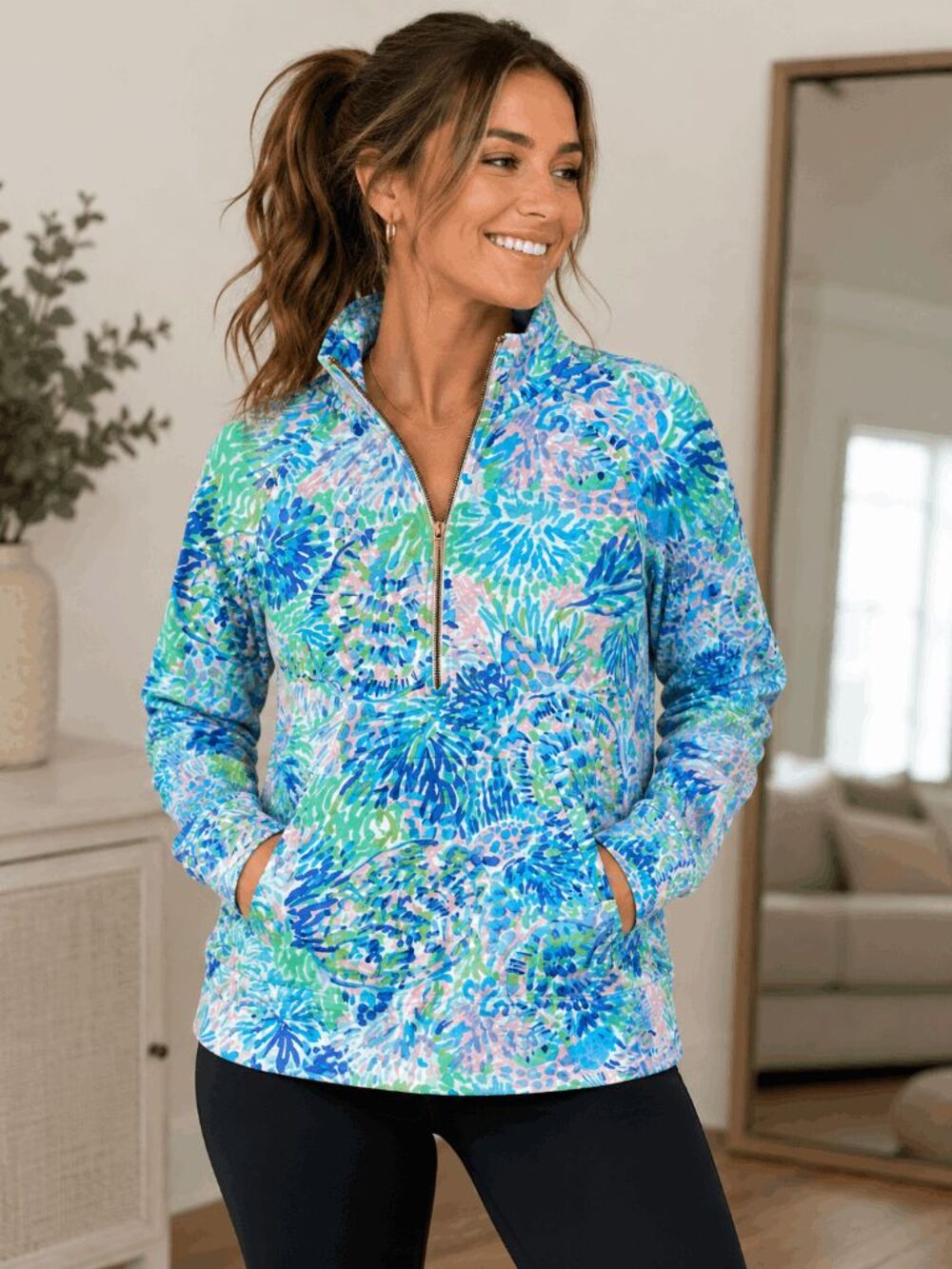 Lilly Pulitzer Skipper Popover Women’s M Blue Floral 1/4 Zip Pullover